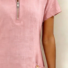Abito in cotone rosa con zip centrale e tasca laterale con bottoni