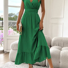 Abito midi verde smeraldo con scollo a V, cintura arricciata e gonna a balze