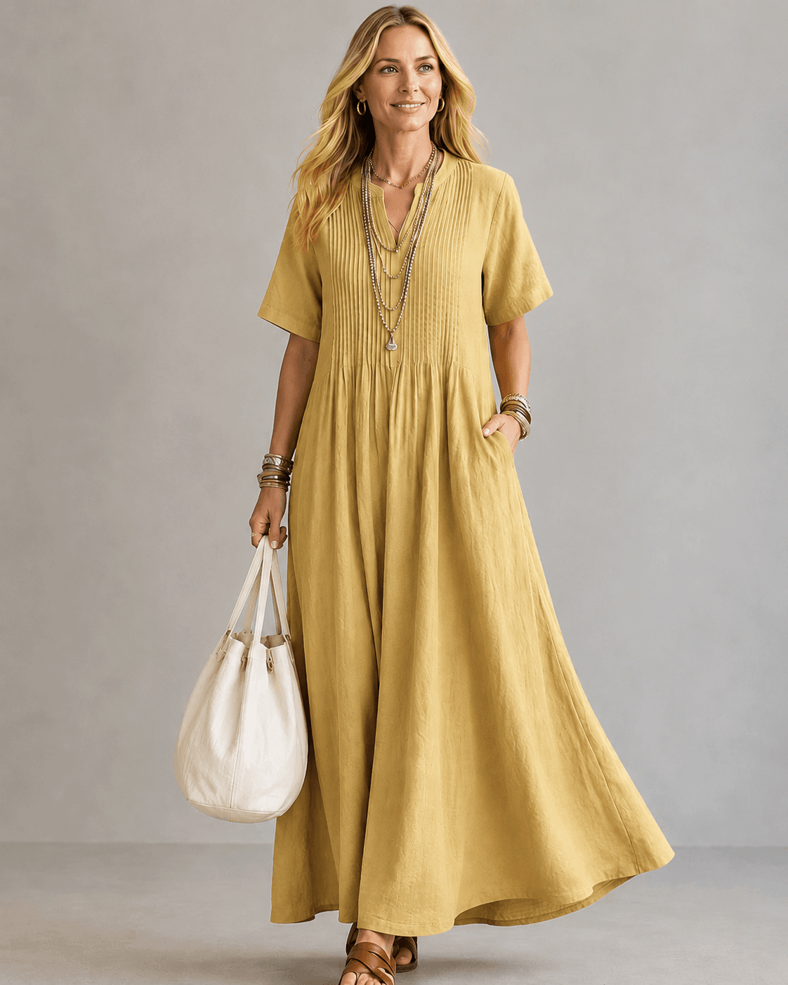 Nathalia™ pleated maxi dress, short sleeves, V-neck, mustard yellow
