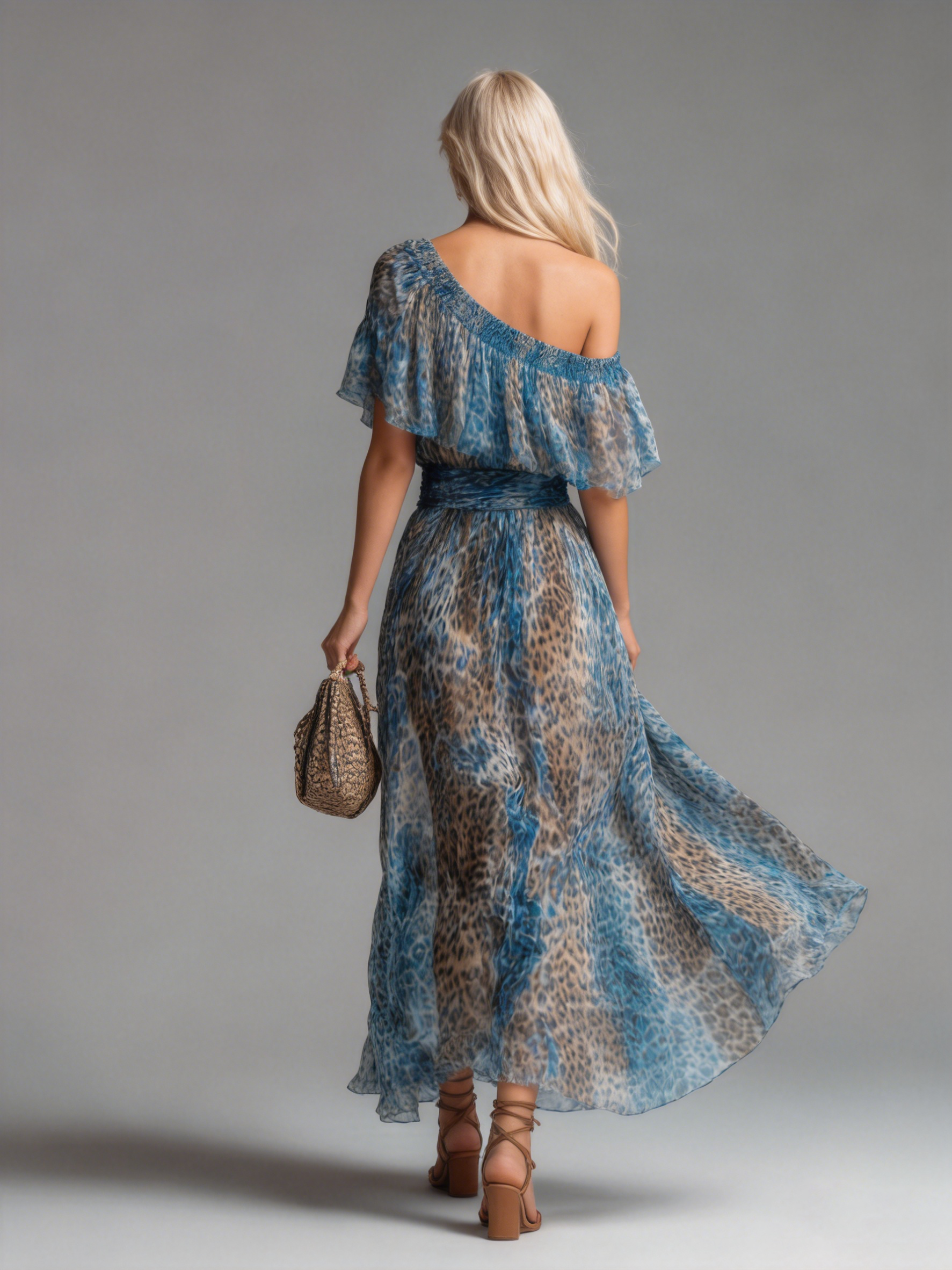 Blue leopard-print chiffon maxi dress with off-shoulder back view and ruched waist