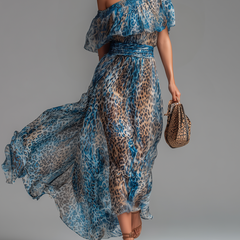 Blue leopard-print chiffon long dress with bare shoulders and off-shoulder ruffle