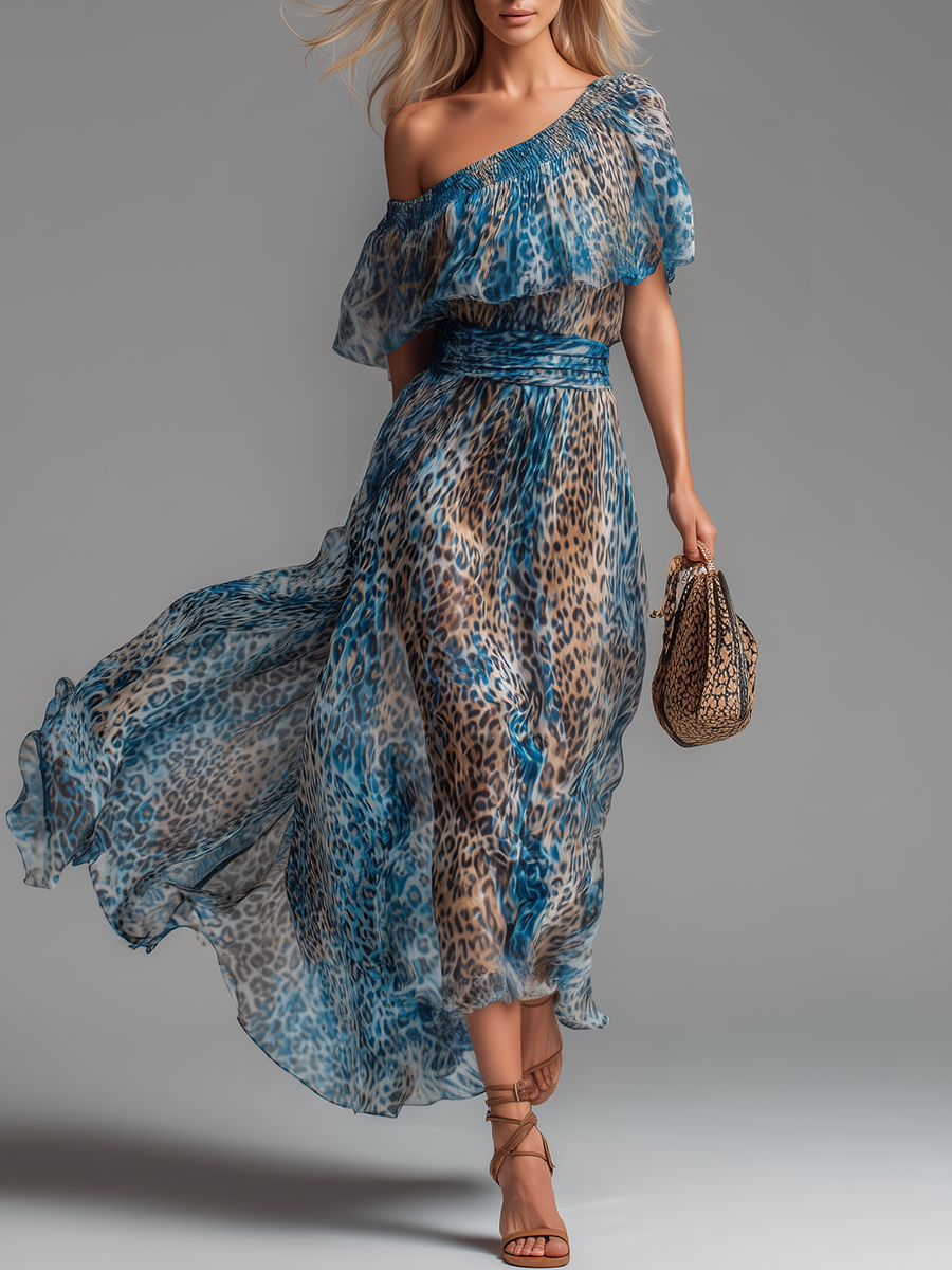 Blue leopard-print chiffon long dress with bare shoulders and off-shoulder ruffle