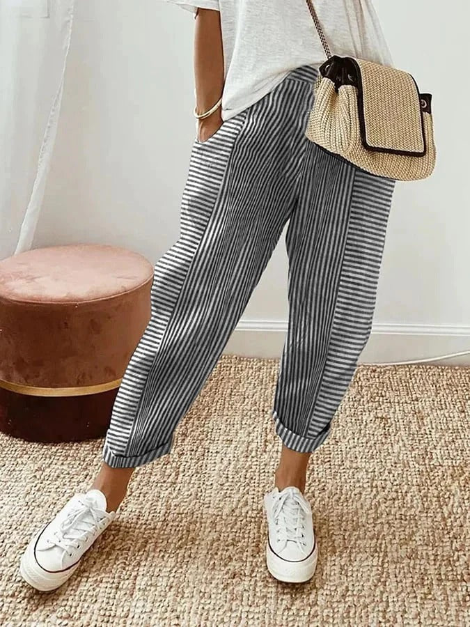 Lightweight striped trousers in blue with cuffed ankle hem