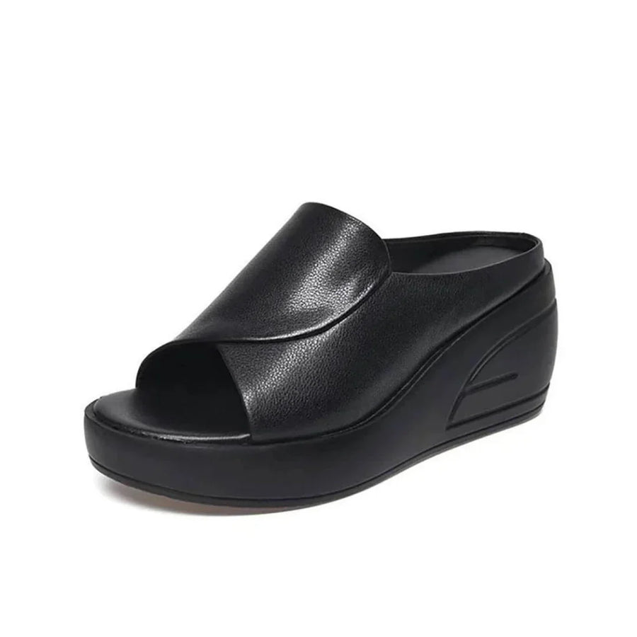 Black orthopaedic slip-on wedge sandals with open toe