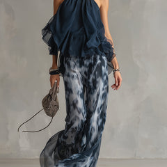 Two-piece halter ruffle top and wide-leg printed pants set, flowing navy and gray