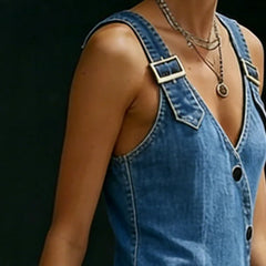 Blue denim sleeveless dress close-up, V-neck, front buttons, shoulder straps