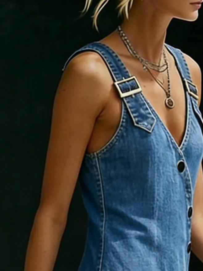 Blue denim sleeveless dress close-up, V-neck, front buttons, shoulder straps
