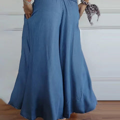 Blue relaxed-fit trousers, elastic waistband and gathered back yoke