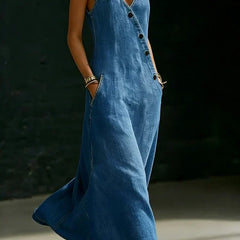 Blue denim button-through sleeveless dress, V-neck, side view, long flared hem