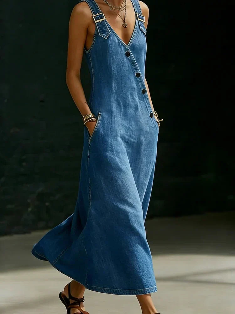 Blue denim button-through sleeveless dress, V-neck, side view, long flared hem