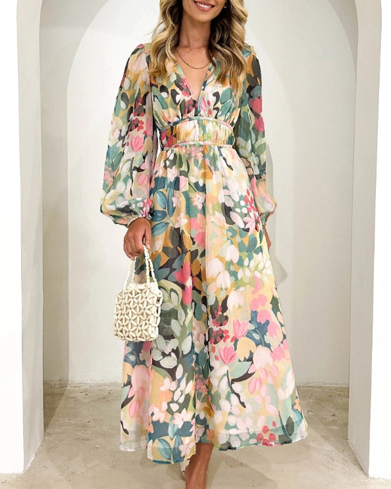 Abito femminile floreale multicolore con scollo a V e cintura in vita, lunghezza midi