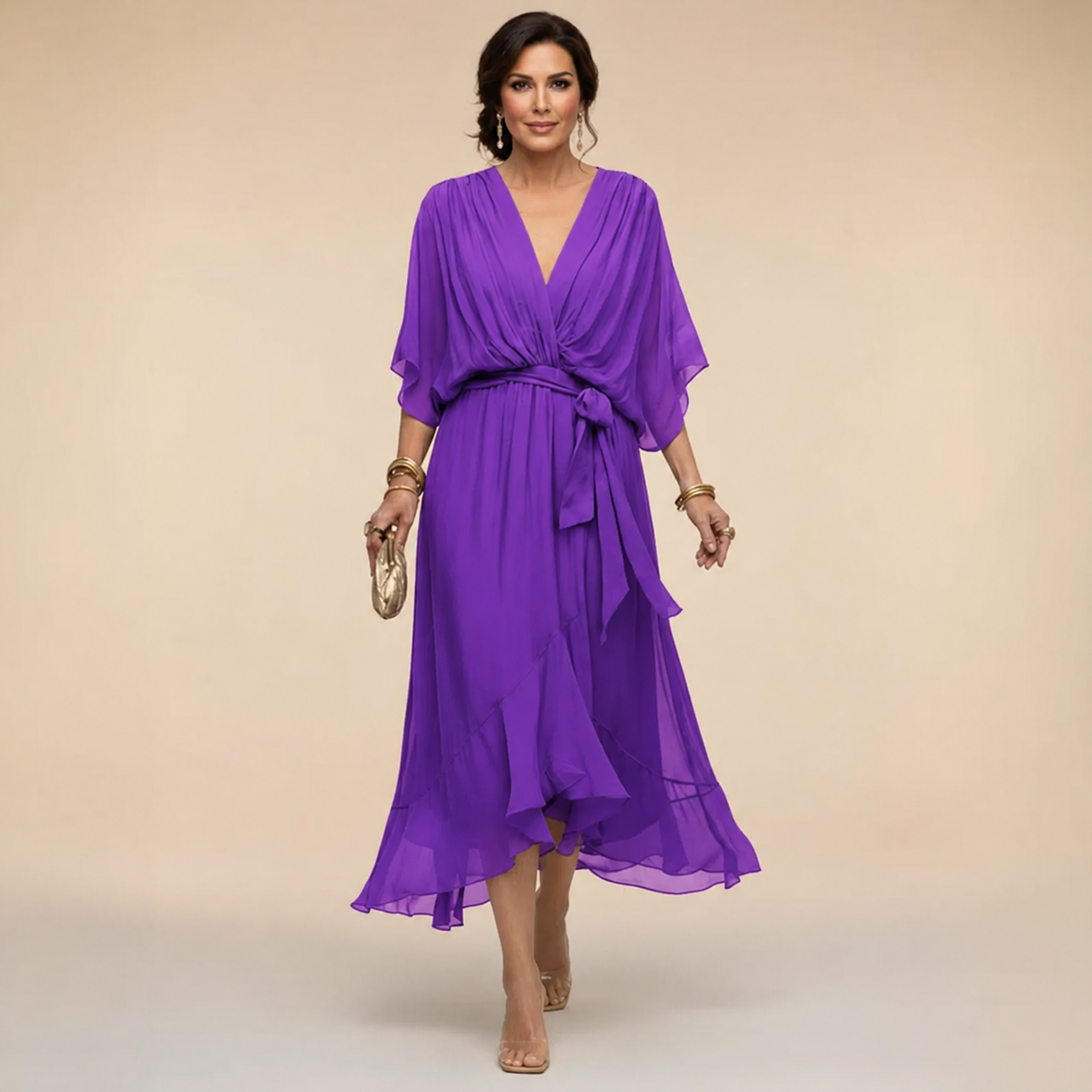 Purple V-neck tie-waist midi dress with draped flutter sleeves and flowing chiffon skirt