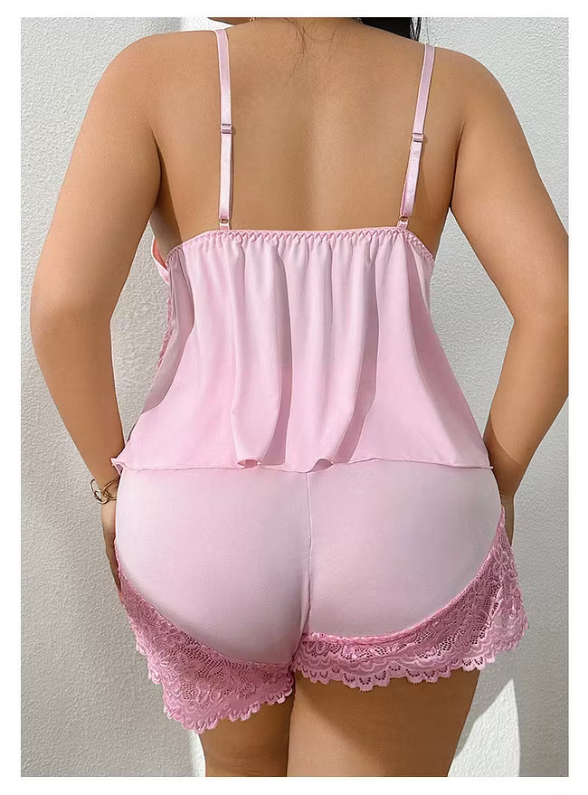 Pink lace-trim cami pajama set back view with adjustable straps and lace trim