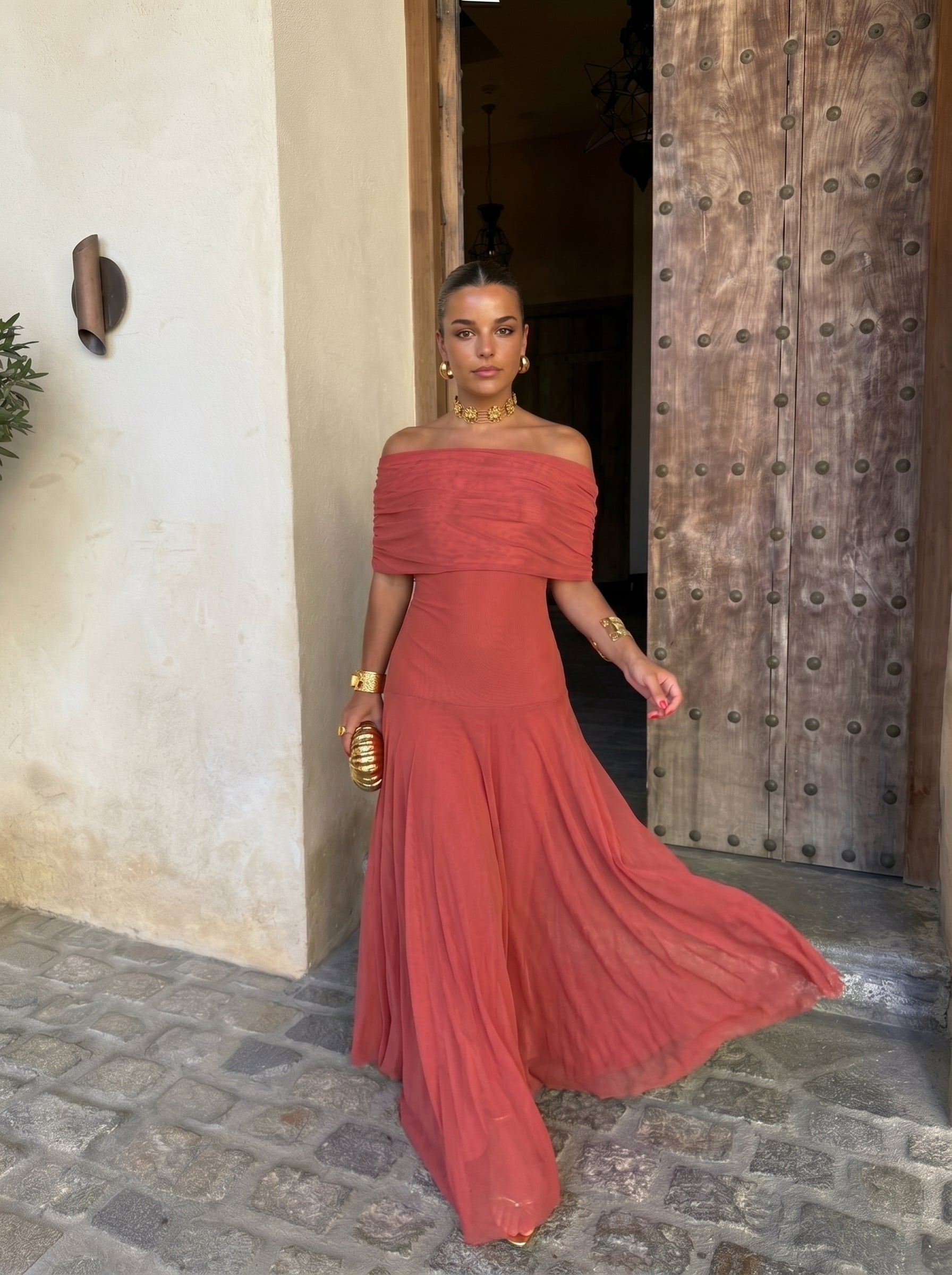 Vestito lungo monospalla drappeggiato terracotta