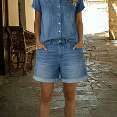 Blue denim short set: collared button-front shirt and cuffed denim shorts