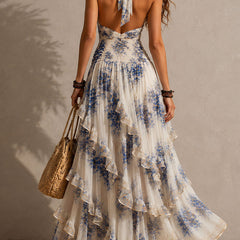 Backless blue and white floral halter maxi dress with open back and tiered ruffles