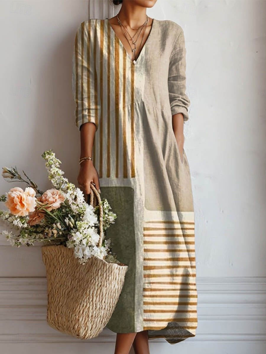 Abito midi con scollo a V e maniche lunghe, beige con righe dorate verticali