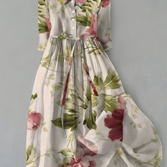 Floral midi dress with button-front bodice and gathered waist, cream with pink and green blooms