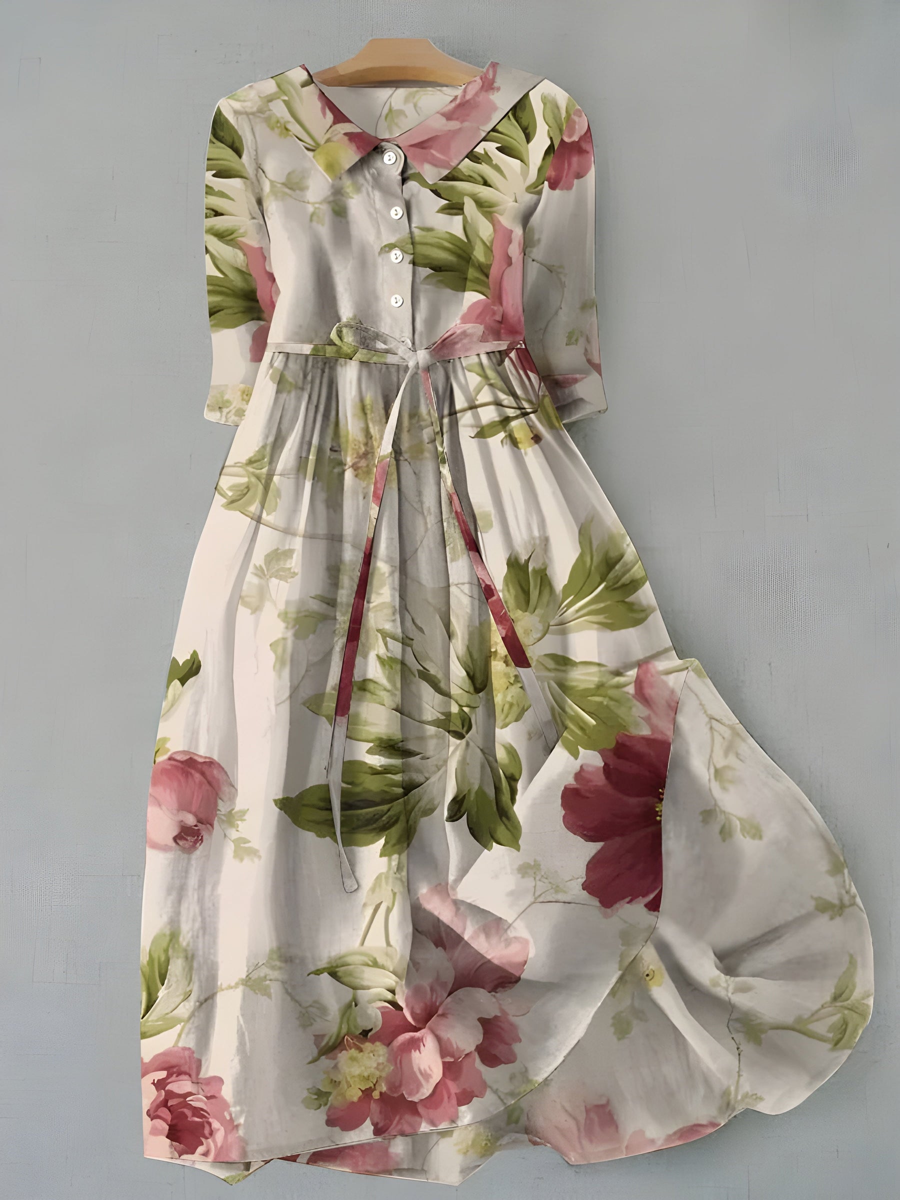 Floral midi dress with button-front bodice and gathered waist, cream with pink and green blooms