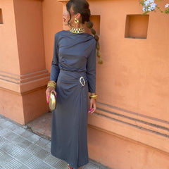 Long-sleeve maxi dress with draped cowl neckline and waist tie, blue-gray
