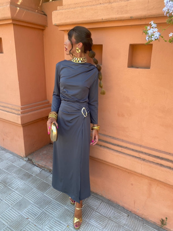 Long-sleeve maxi dress with draped cowl neckline and waist tie, blue-gray