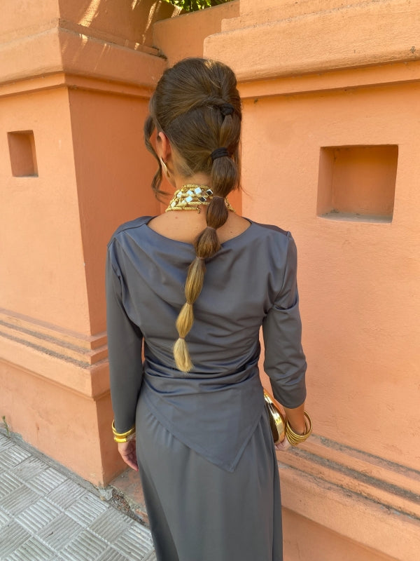 Back view long-sleeve maxi dress with draped back and waist tie, blue-gray