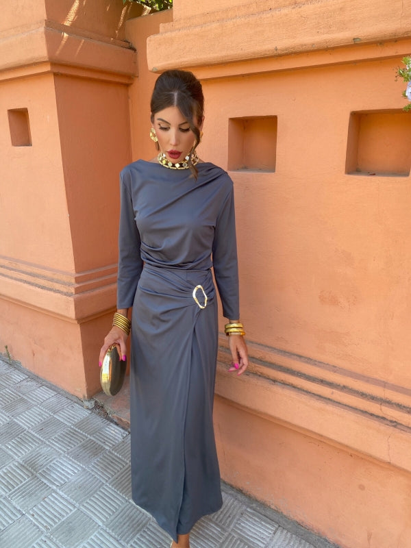Long-sleeve maxi dress with draped cowl neckline and waist tie, blue-gray