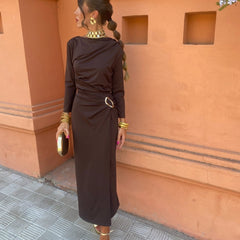 Long-sleeve maxi dress with draped cowl back and waist tie, dark brown