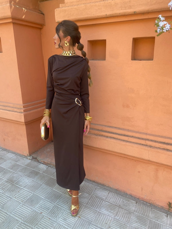 Long-sleeve maxi dress with draped cowl back and waist tie, dark brown