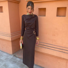 Long-sleeve maxi dress with draped cowl neckline and waist tie, dark brown