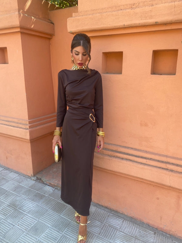 Long-sleeve maxi dress with draped cowl neckline and waist tie, dark brown