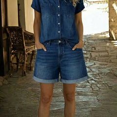 Blue denim short set with collared button-up shirt and cuffed denim shorts