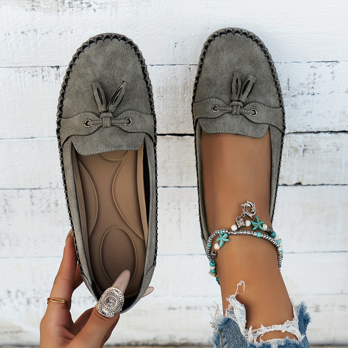 Nadine mocassino ortopedico comfort grigio in suede, chiusura con nastro