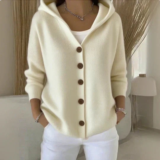 Light beige hooded button-up knit cardigan with dark buttons, long sleeves