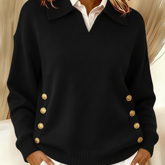 VYNETTE v-neck knit sweater with collar, gold button placket sleeves, black
