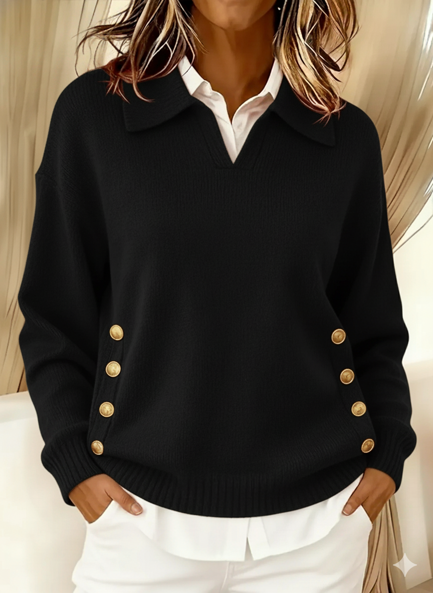 VYNETTE v-neck knit sweater with collar, gold button placket sleeves, black