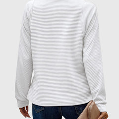 Women’s white ribbed knit quarter-zip jumper, back view with long sleeves.