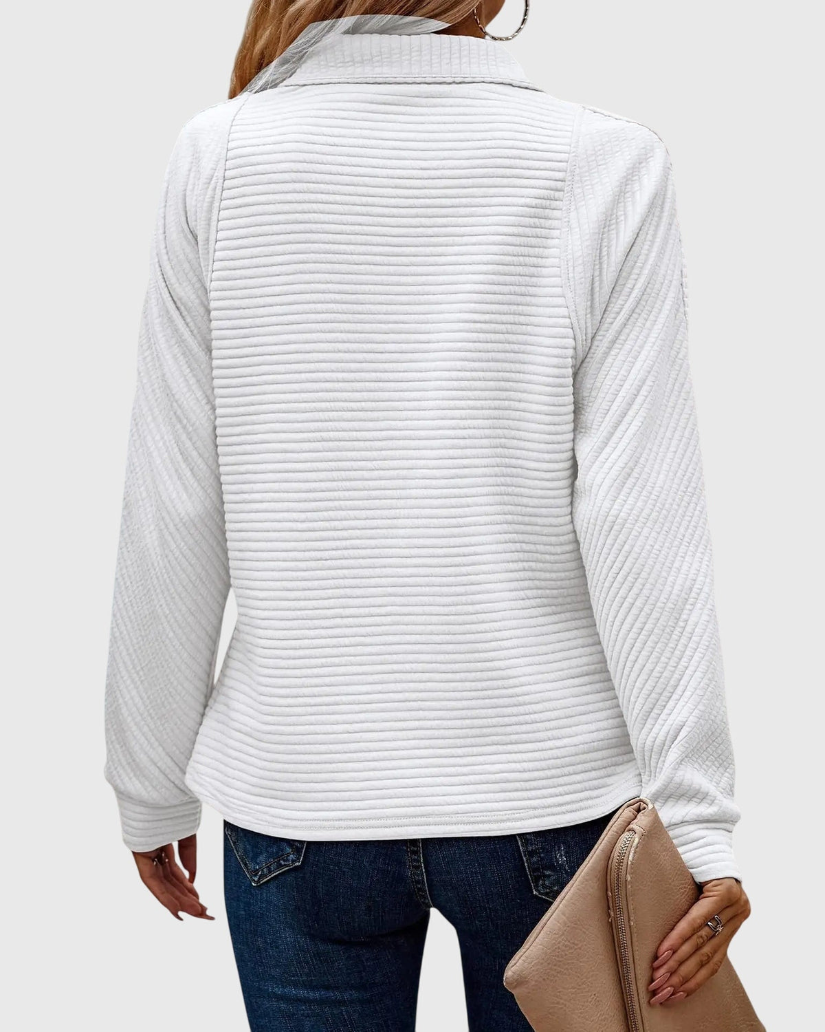 Women’s white ribbed knit quarter-zip jumper, back view with long sleeves.