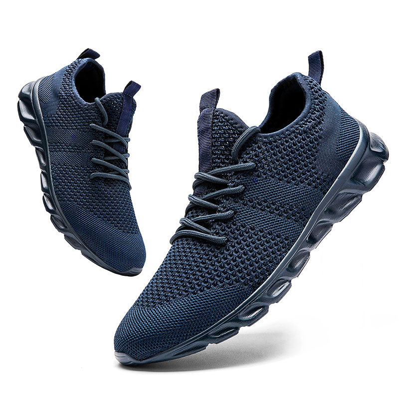 Scarpe comfort casual blu scuro con texture a maglia e lacci, suola in gomma