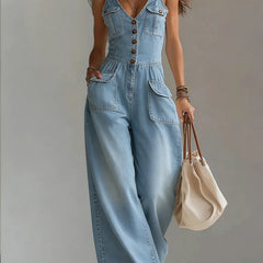 Light blue denim relaxed wide-leg overall with button-front, V-neck, and patch pockets