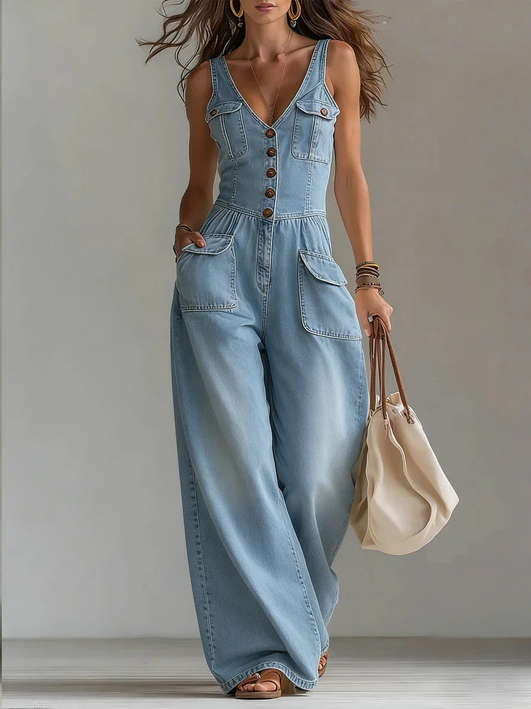 Light blue denim relaxed wide-leg overall with button-front, V-neck, and patch pockets