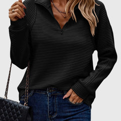 Women’s black ribbed knit quarter-zip jumper with long sleeves and fitted hem.