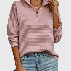 Women’s pink ribbed knit half-zip jumper, mock placket detail, long sleeves.