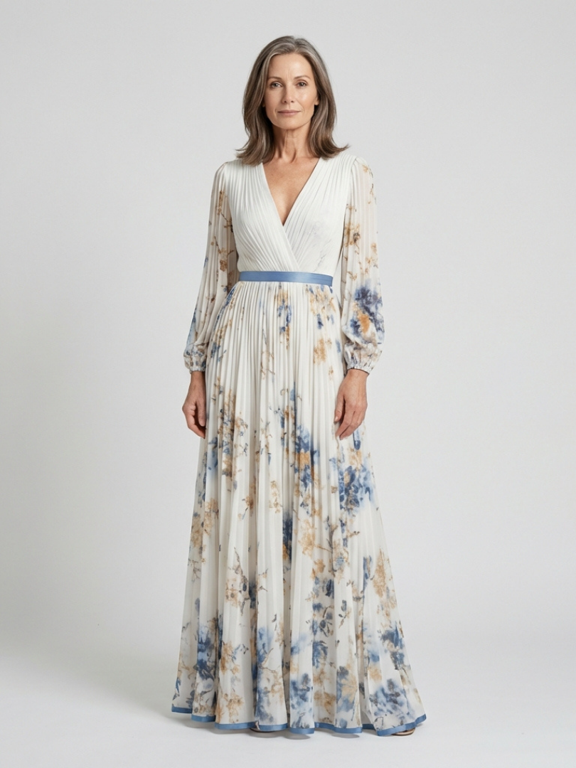 White floral long sleeve V-neck maxi dress with pleated skirt and blue waist sash