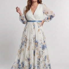 White floral long sleeve V-neck maxi dress with pleated full skirt and blue waist sash