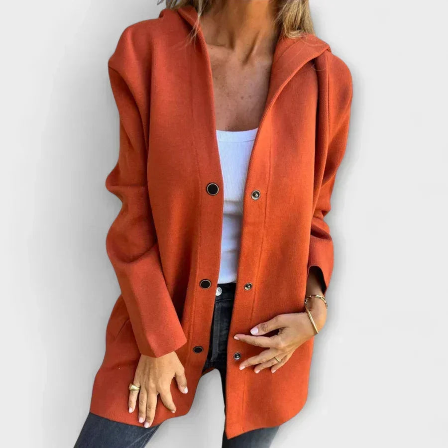 Orange women’s casual button-front blazer-jacket with notch lapel and long sleeves