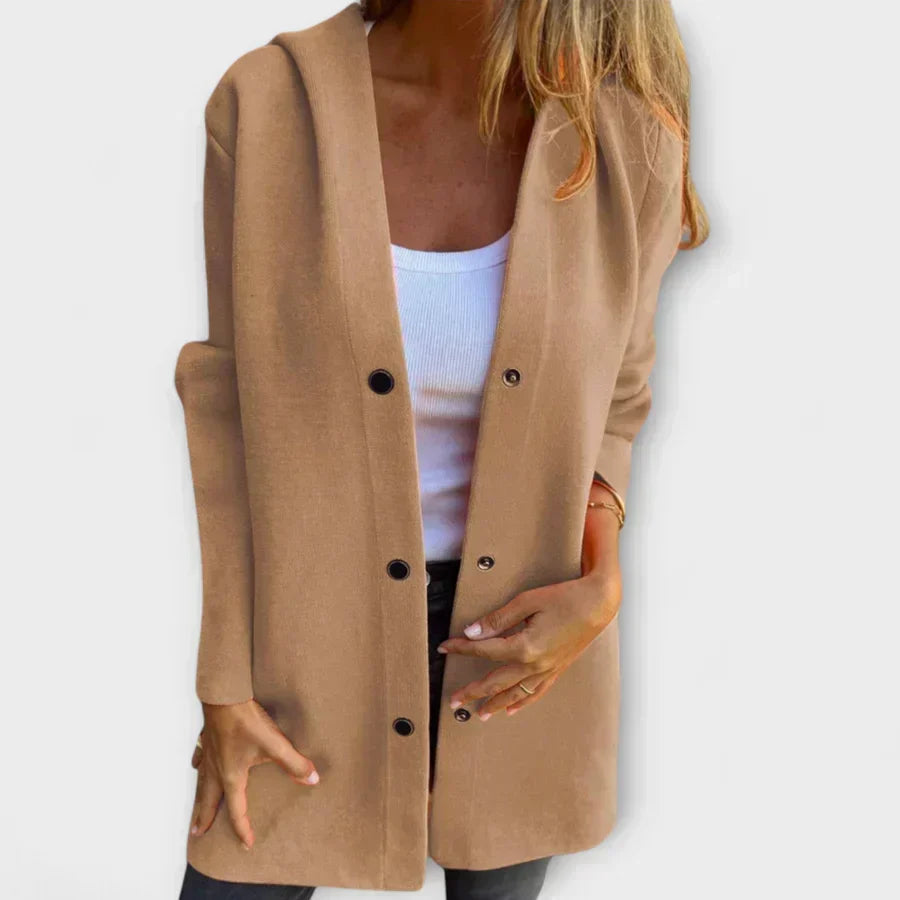 Brown women’s casual button-front blazer-jacket with notch lapel and long sleeves