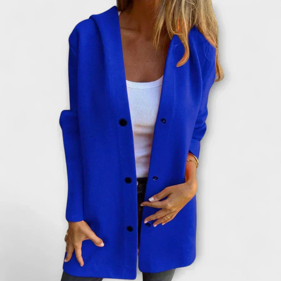 Blue women’s casual button-front blazer-jacket with notch lapel and long sleeves