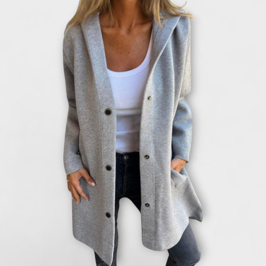 Gray women’s casual button-front blazer-jacket with notch lapel and long sleeves