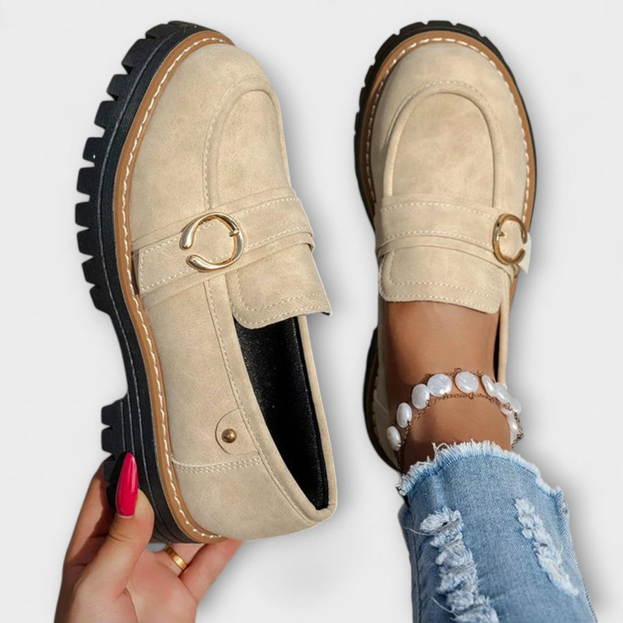 Beige suede casual loafers with D-ring strap and thick lug sole, slip-on design